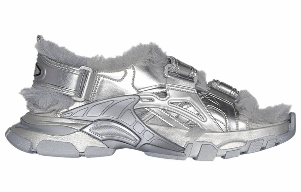 NEW BALENCIAGA women's faux fur rubber mesh track sandal in metallic grey